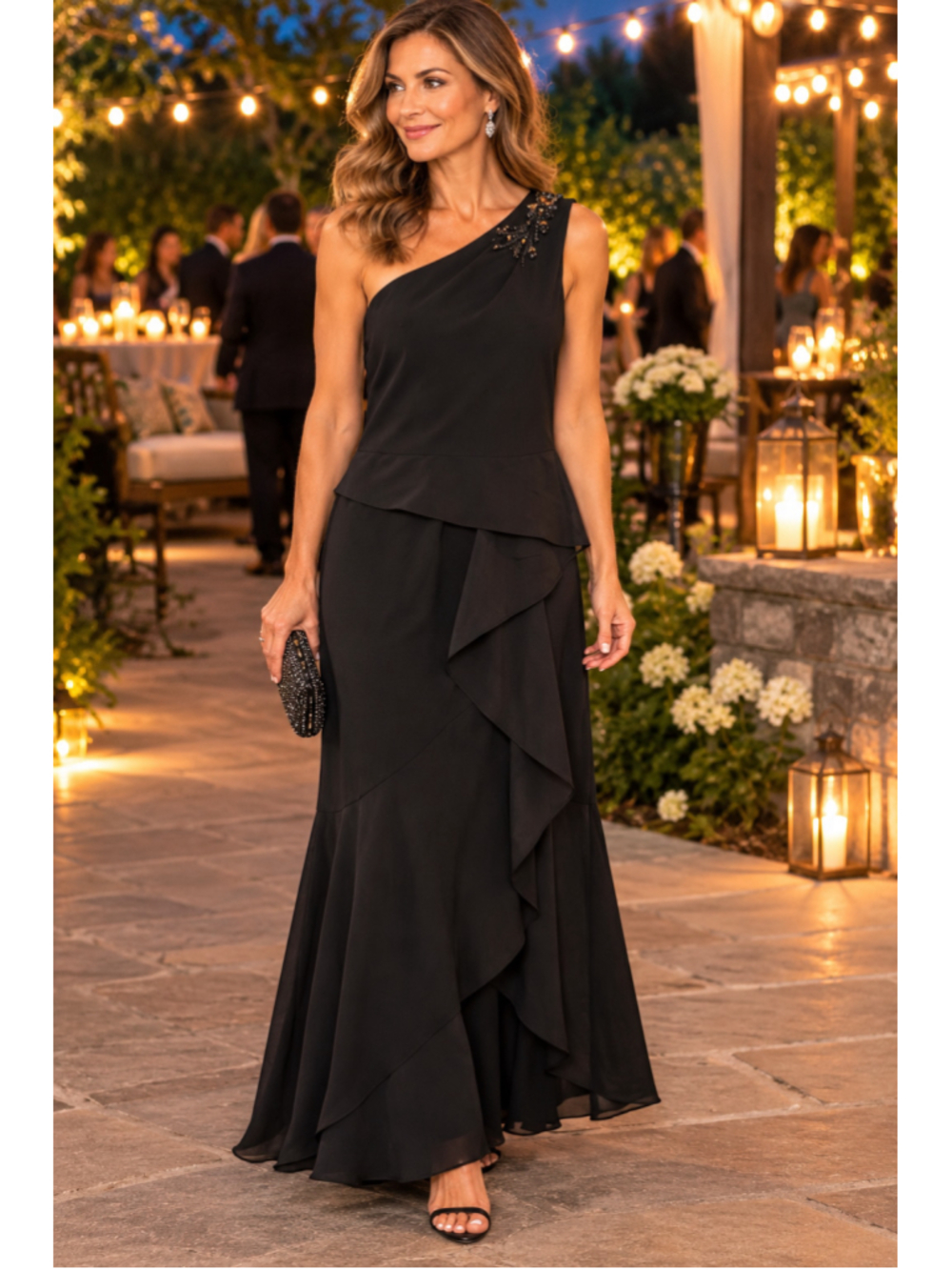 Women's Adrianna Papell Black One-Shoulder Embellished Ruffle Dress Size 10